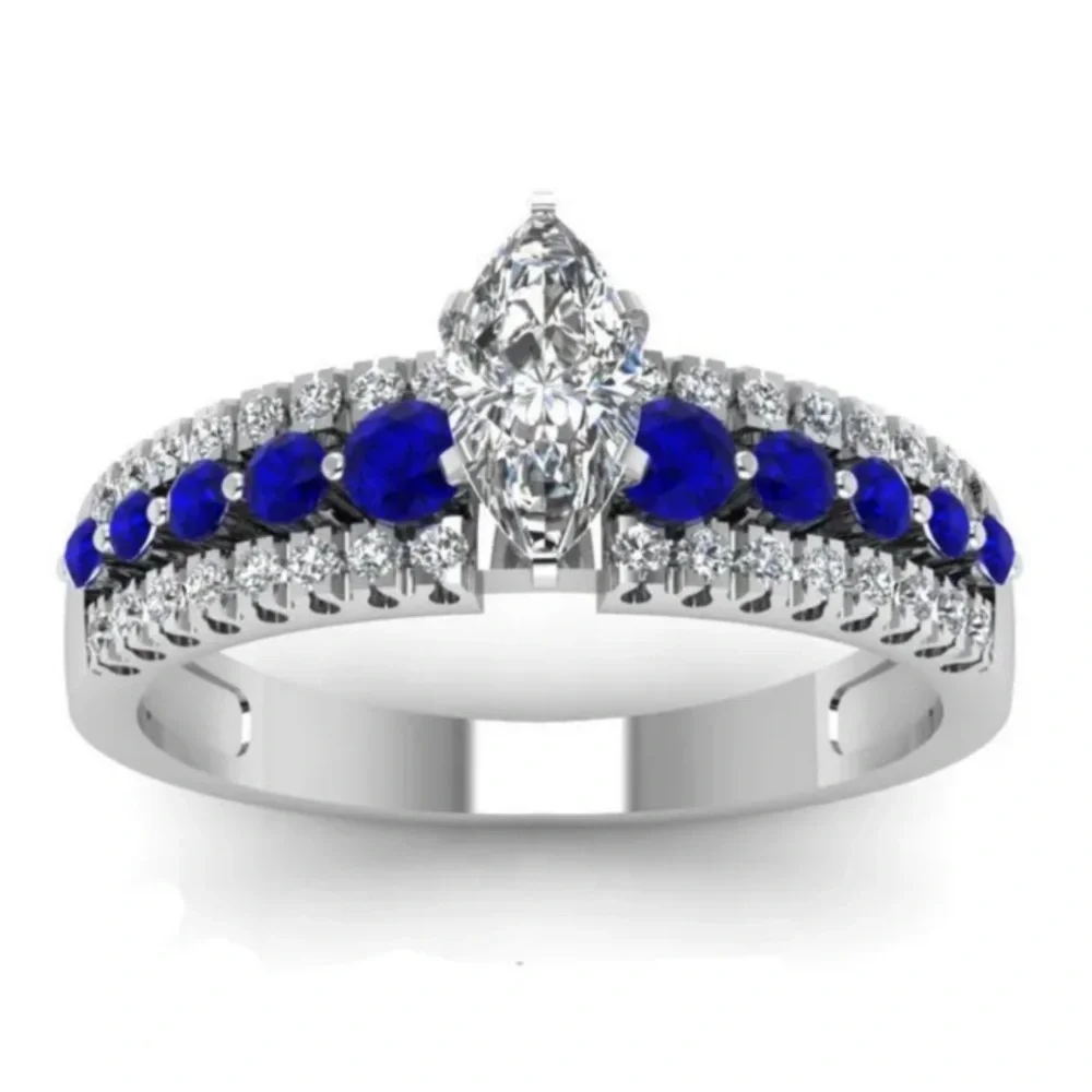 Gorgeous New Sterling Silver Blue White Sapphires Marquise Cut Ring